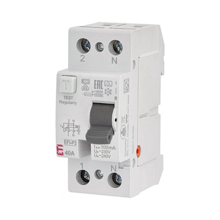 Disjuntor diferencial residual de 2 polos, Tipo A, 40A, 100mA, ETI