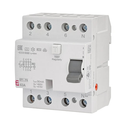 Disjuntor diferencial residual de 4 polos, tipo A, 63A, 30mA, ETI