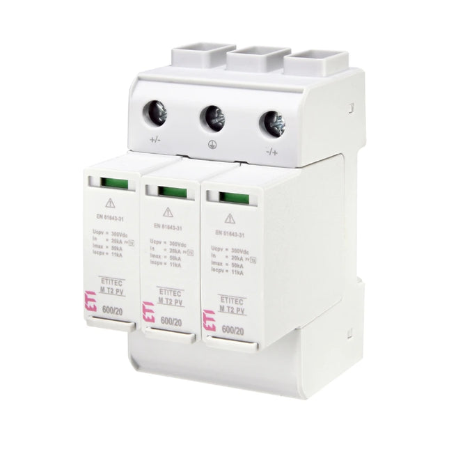 Descarregador de sobretensões CC T2, 600 V, 20 kA, 2 polos, ETI
