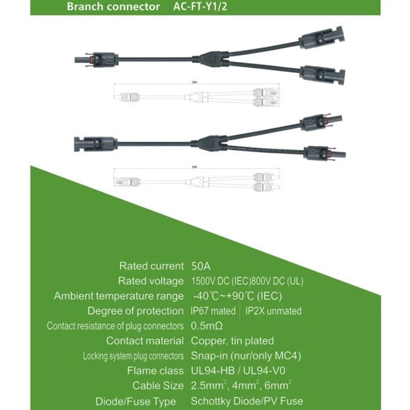 Conector solar GETI MC4: 1x fêmea – 2x macho, 30 cm