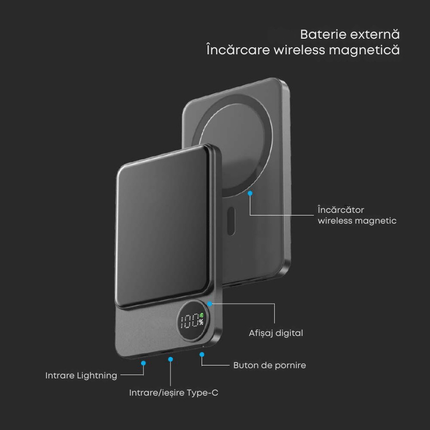 Power bank portátil, carregamento sem fios, magnético, 5000 mAh, V-Tac