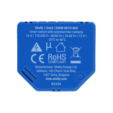 Shelly 1 Gen3, Set of 4 Smart Wi-Fi Relays with Dry Contact, 16A