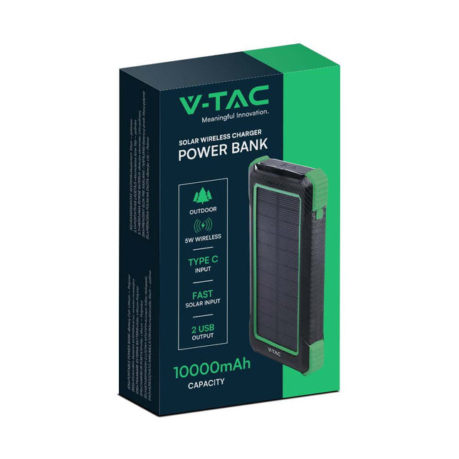 Bateria externa portátil, carregamento sem fios, painel solar, 10 000 mAh, V-Tac