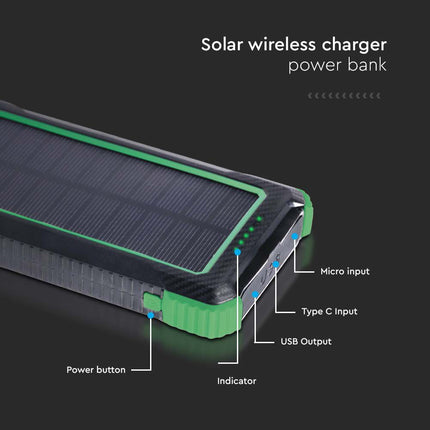 Bateria externa portátil, carregamento sem fios, painel solar, 10 000 mAh, V-Tac