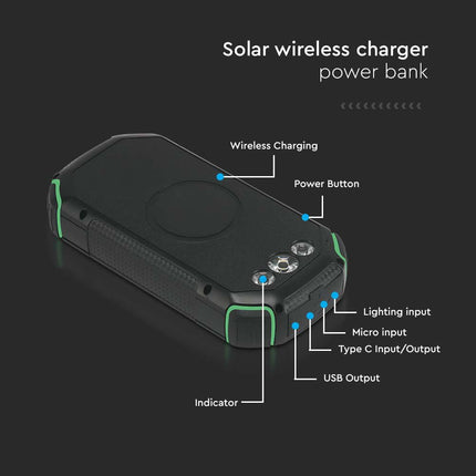 Power bank portátil, carregamento sem fios, painel solar, 30.000mAh, V-Tac