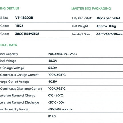 Bateria fotovoltaica LiFePo4 9.6kWh VT-48200B, V-TAC