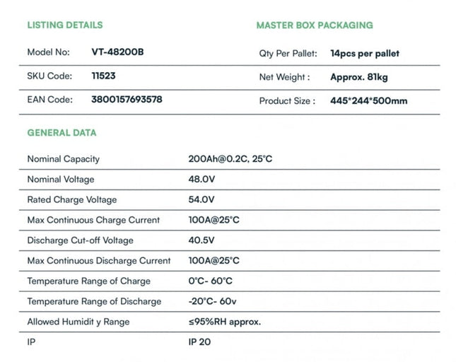 Bateria fotovoltaica LiFePo4 9.6kWh VT-48200B, V-TAC