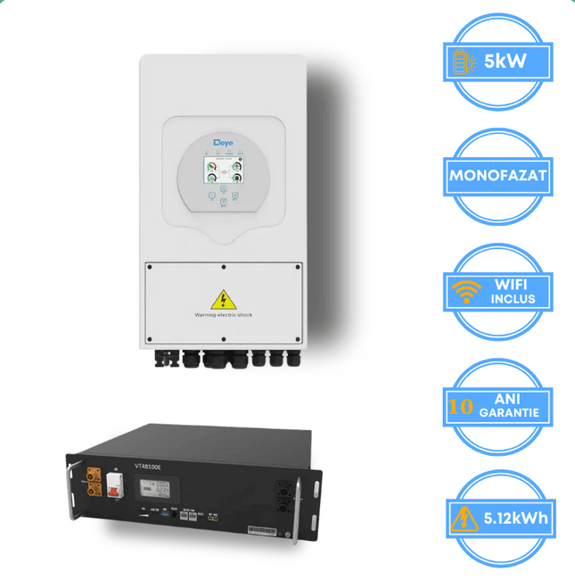 Inversor Deye de 5 kW, SUN-5K-SG05LP1-EU-AM2-P + Bateria V-TAC de 5,12 kWh