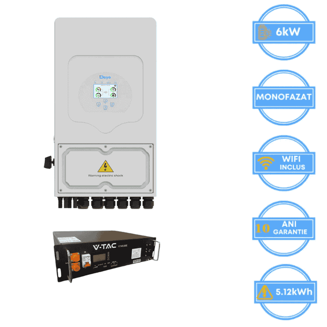 Inversor Deye de 6 kW, SUN-6K-SG05LP1-EU-AM2-P + Bateria V-TAC de 5,12 kWh