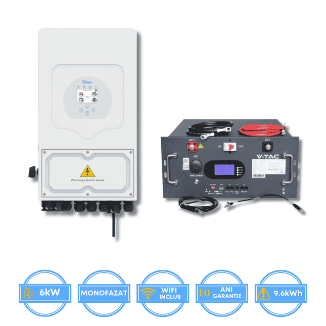 Inversor Deye de 6 kW, SUN-6K-SG05LP1-EU-AM2-P + Bateria V-TAC de 9,6 kWh